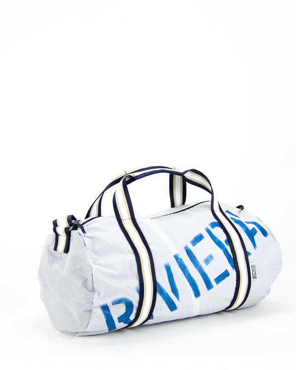 Duffle mini piccolo borsone con tracolla regolabile, colore bianco con manici a righe bianche e blu