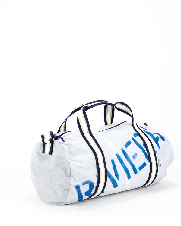Duffle mini piccolo borsone con tracolla regolabile, colore bianco con manici a righe bianche e blu